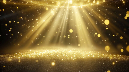 Poster - Golden radiant beams of light illuminating sparkling particles, creating a magical and ethereal atmosphere for luxury events, celebrations, and award ceremony backgrounds. Ideal for festive designs an