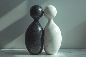 Poster - Abstract black and white figures resembling paired sculptures in a minimalistic setting