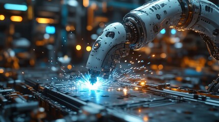 Poster - Advanced robotic machinery is performing welding operations in a modern manufacturing facility, enhancing automation and production efficiency. Bright sparks illuminate the workspace.