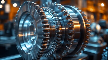 Poster - Close-up of metal gears in a manufacturing setting highlights the complexity of machinery used in automated production processes.