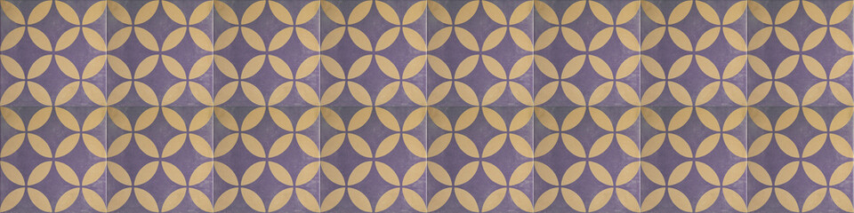 Aufkleber - Old purple yellow vintage retro shabby motif tiles stone concrete cement wall texture with circle circular print, tile background banner panorama, seamless pattern.