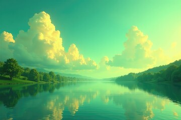 Wall Mural - Clouds in shades of yellow and green float above a serene lake, green, sky, tranquil