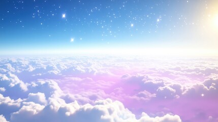 Wall Mural - A stunning view of fluffy clouds under a starry sky at sunset.