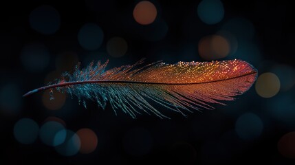 Fototapete - Bright rainbow-hued feather with delicate barbs, illuminated with soft shimmering light.