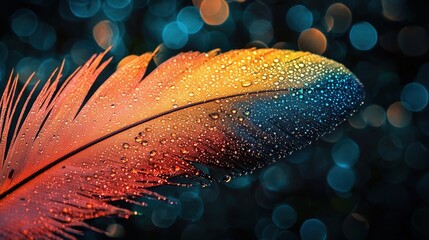 Fototapete - Bright rainbow-hued feather with delicate barbs, illuminated with soft shimmering light.