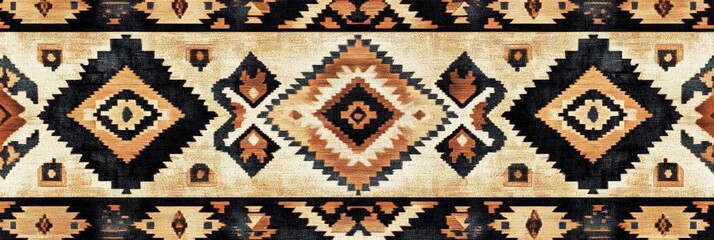 Leinwandbilder - Intricate geometric patterns of a woven textile in warm earth tones and black displayed on a neutral background. Generative AI
