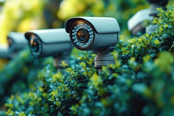 Poster - Graphic layouts for advertising security systems featuring surveillance cameras on a lush backdrop