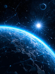 space, earth, planet, blue, black, connection, digital, illustration, globe, universe, fantasy, world, technology, galaxy, backdrop, color, sun, concept, futuristic, stars, design, glow, motion, fract