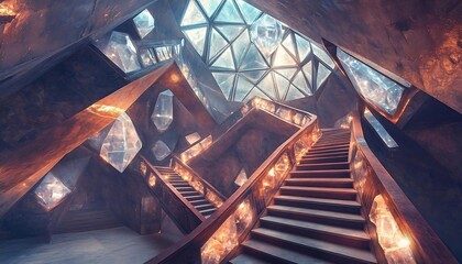 Poster - Abstract Futuristic Staircase Interior Design Brown And Orange Geometric Architecture With Glowing
