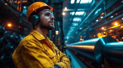 Poster - An engineer monitors the activity in a manufacturing facility, surrounded by large machinery and illuminated by industrial lighting. Attention to detail is crucial for efficient production.