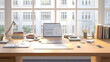 © artzone - Modern Office Workspace with Wooden Desk Computer and Large Window with Bright Daylight