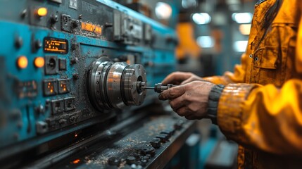 Poster - In a busy industrial workshop, a technician focuses on precision work while operating a large machinery for manufacturing components. Safety equipment is in use, ensuring a secure environment.