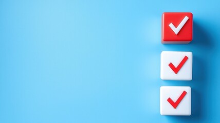 Poster - Medical diagnostic and heart health check. Checklists on blue background with red and white check mark blocks.