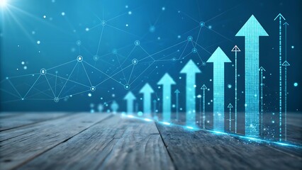 Poster - Growth chart arrows on wooden floor, digital business concept