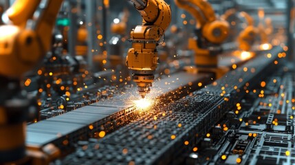 Poster - A high-tech factory features multiple robotic arms engaging in precise tasks along a conveyor system. Sparks fly as automated machines enhance production efficiency and accuracy.