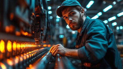 Poster - A skilled worker focuses intently while operating precision machinery in a contemporary manufacturing plant. The environment is vibrant with automated systems and orange lighting.