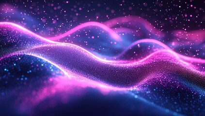 Poster - Colorful abstract wave patterns glowing with light particles, perfect for backgrounds in digital and print media, showcasing creativity and vibrant design elements.