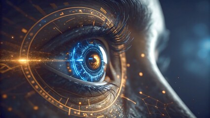 Fototapete - Close up of a futuristic eye with digital interface.