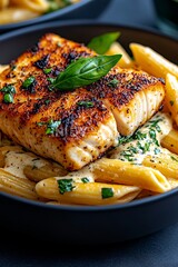 Wall Mural - a close up of a plate of pasta with a piece of fish on top of it