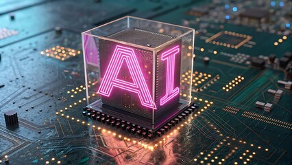 Poster - AI technology concept. Neon AI sign in a glass cube on a circuit board.