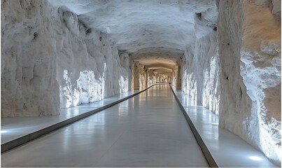 Poster - Long White Underground Passage with Reflective Floor and Stone Walls and Walls of Stone