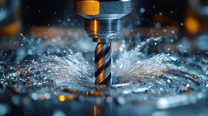 Poster - A metal cutting tool engages with material, creating a swirl of liquid coolant. This process occurs in a modern manufacturing facility focused on precision and efficiency.