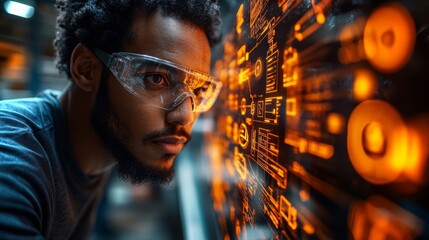 Poster - An engineer wearing safety glasses closely examines complex automation data on a high-tech display in a busy manufacturing facility.
