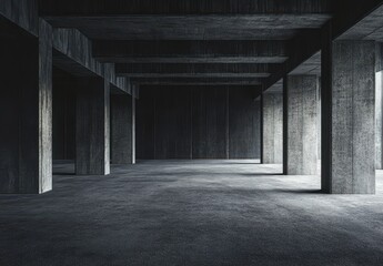 Poster - Dark Concrete Interior Space with Structural Columns and Minimalist Aesthetic in Abandoned Warehouse or Industrial Setting for Modern Architecture