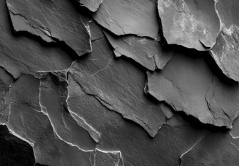 Poster - Dark slate stone texture with layered surfaces for background design, construction projects, and artistic compositions in monochrome colors