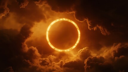 Wall Mural - a stunning solar eclipse surrounded by dramatic clouds and a glowing orange ring.