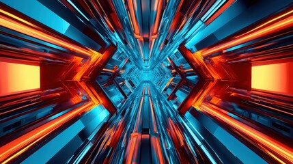 Fototapete - Colorful abstract shapes create a vibrant tunnel effect in a futuristic design displaying shades of blue and orange in a digital space