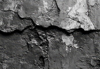Poster - Detailed close-up of weathered black cracked wall surface showcasing texture, subtle shading, and intricate patterns in monochrome tones for artistic backgrounds