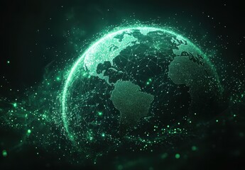 Aufkleber - Digital Representation of a Global Network with Green Illumination and Connected Points Showcasing International Data Flow and Connectivity