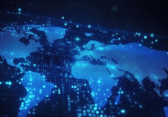 Poster - Digital world map with glowing blue dots and lines representing global connectivity and technology advancements in a futuristic style