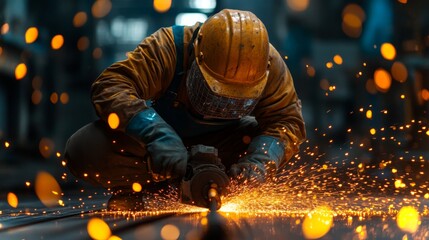 Poster - A worker in protective gear is grinding metal on the factory floor, generating bright sparks in the dimly lit environment. The focus is on the craftsmanship and safety.