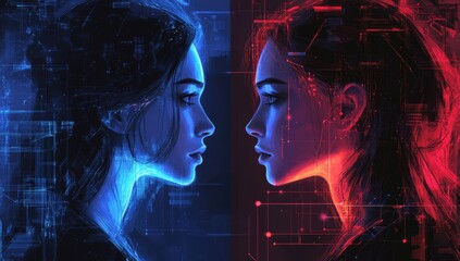 Poster - Duality of Technology and Emotion Portrait of a Woman in Blue and Red Light Emphasizing the Contrast Between Digital World and Human Identity