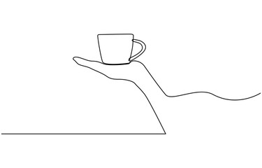 Aufkleber - Cup in human hand. Tea or coffee drink in continuous line art drawing style, Single one line drawing hand holding cup of hot coffee or tea. Continuous line draw design graphic vector illustration. 
