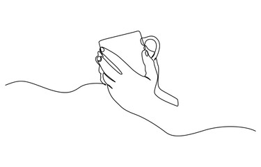 Aufkleber - Cup in human hand. Tea or coffee drink in continuous line art drawing style, Single one line drawing hand holding cup of hot coffee or tea. Continuous line draw design graphic vector illustration. 