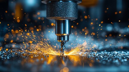 Poster - A drilling machine operates on metal material in a manufacturing facility. Sparks fly as the drill penetrates the surface, showcasing the precision and energy of industrial production.