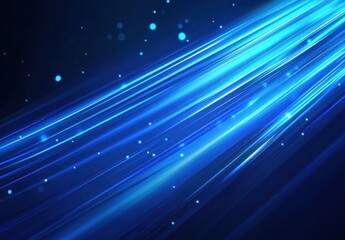 Poster - Dynamic Blue Light Rays with Glowing Particles Creating an Ethereal Atmosphere in a Gradient Background for Abstract Aesthetic Visuals