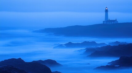 Wall Mural - a serene lighthouse standing on rocky shores with waves gently crashing under a blue twilight sky.