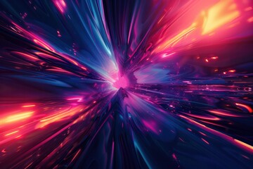 Poster - abstract futuristic warp dark background with neon blue pink and orange glow