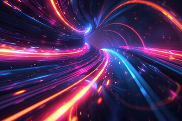 Poster - abstract tunnel wormhole futuristic dark background with neon blue pink and orange glow way.