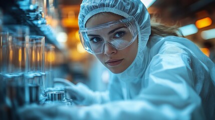 Aufkleber - A female technician in a protective suit and goggles inspects glass containers on a production line in an advanced manufacturing facility, focusing on quality assurance tasks.