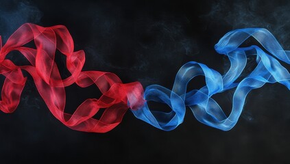 Poster - Elegant Flowing Red and Blue Silk Ribbons Moving Gracefully Against a Dark Background with Soft Smoke Effects