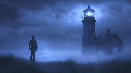 Wall Mural - A silhouette of a man standing in front of a lighthouse in a foggy, blue atmosphere.