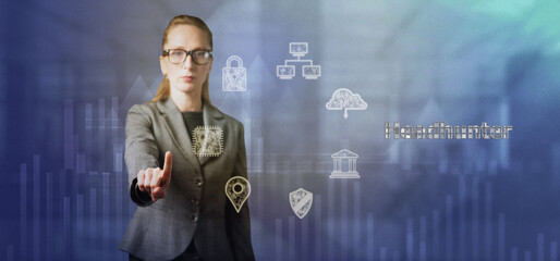 Poster - Headhunter. Light charts background Vol.1 Woman in suit in glasses. Employee at work. Use.