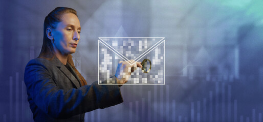 Poster - Light charts background Vol.1 Woman employee in suit. Company business working. Use magnifying.