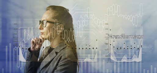Poster - Headhunter. Gray light charts background Vol.1 A woman in a business suit in a thoughtful pose..