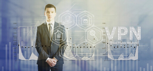 Poster - VPN. Real estate icon system background. A man in a suit clasped his hands and looked around